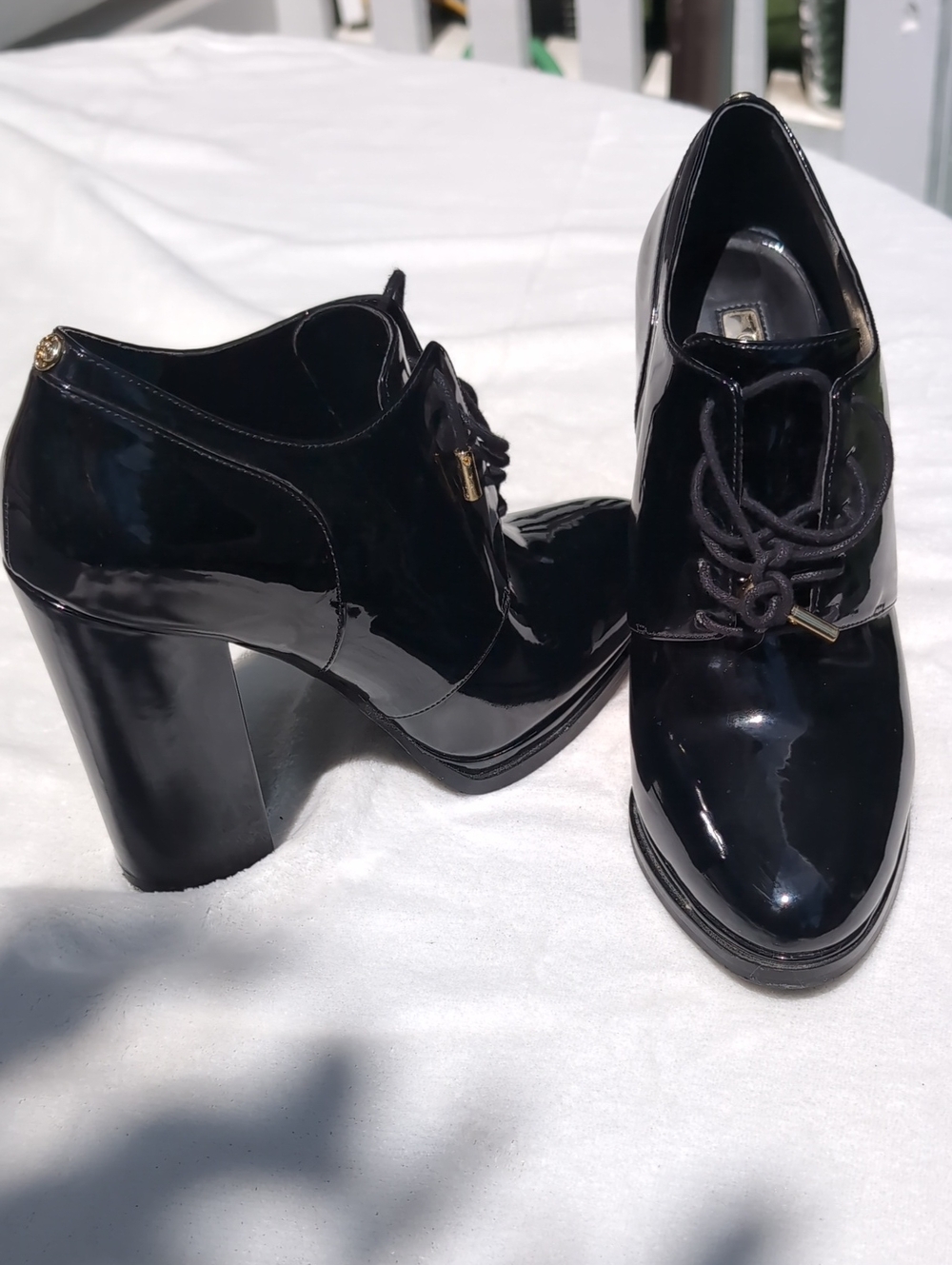 Guess Black Patent Lace-Up Block Heel Booties